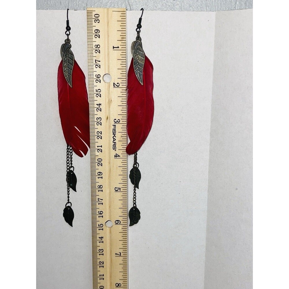 Boho Red Feather Dangle Earrings Antique Bronze Leaf Chains Long Statement - Picture 4 of 4